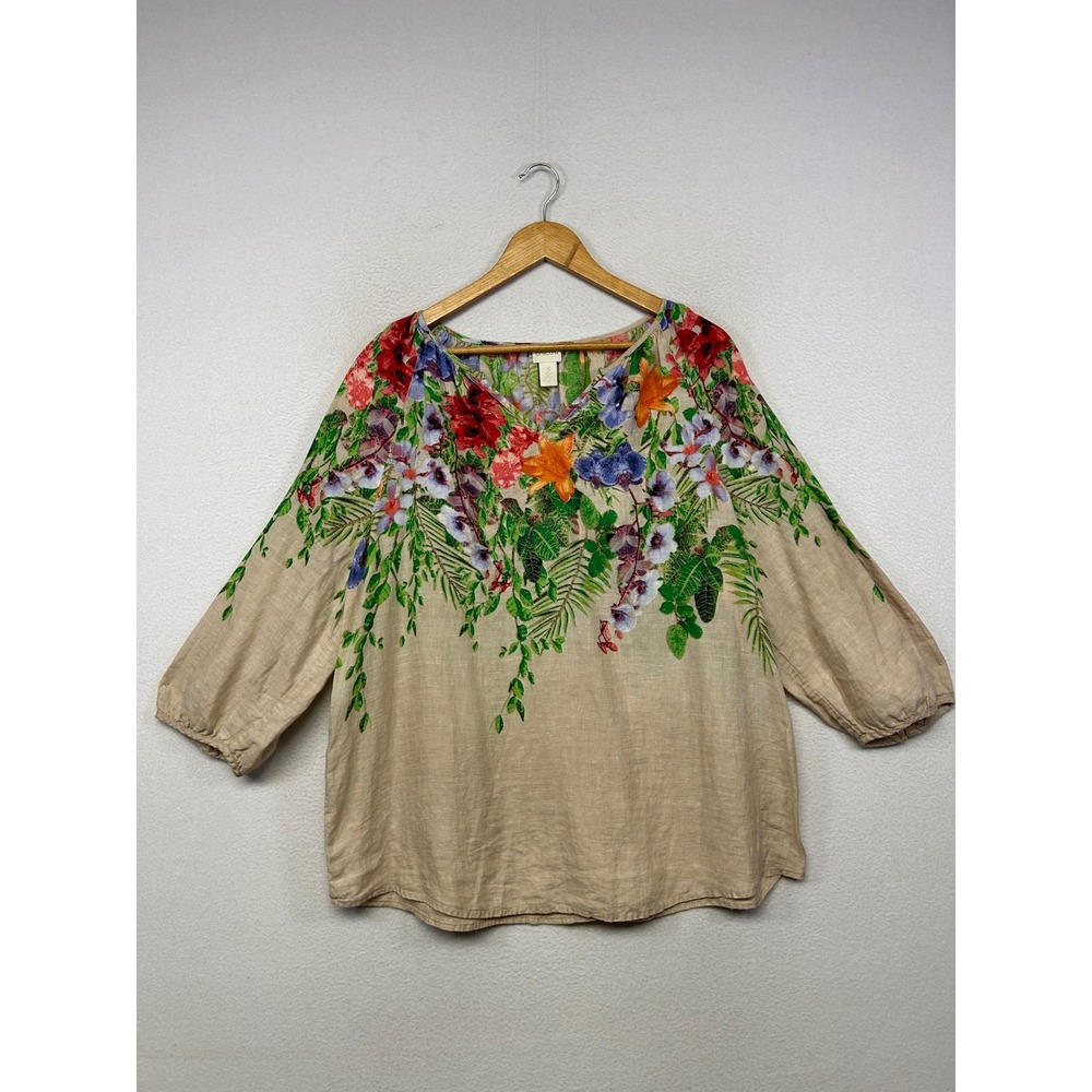 Floral Boho Chico's Womens Size 3 Beige Linen Blouse Lagenlook Coastal Artsy